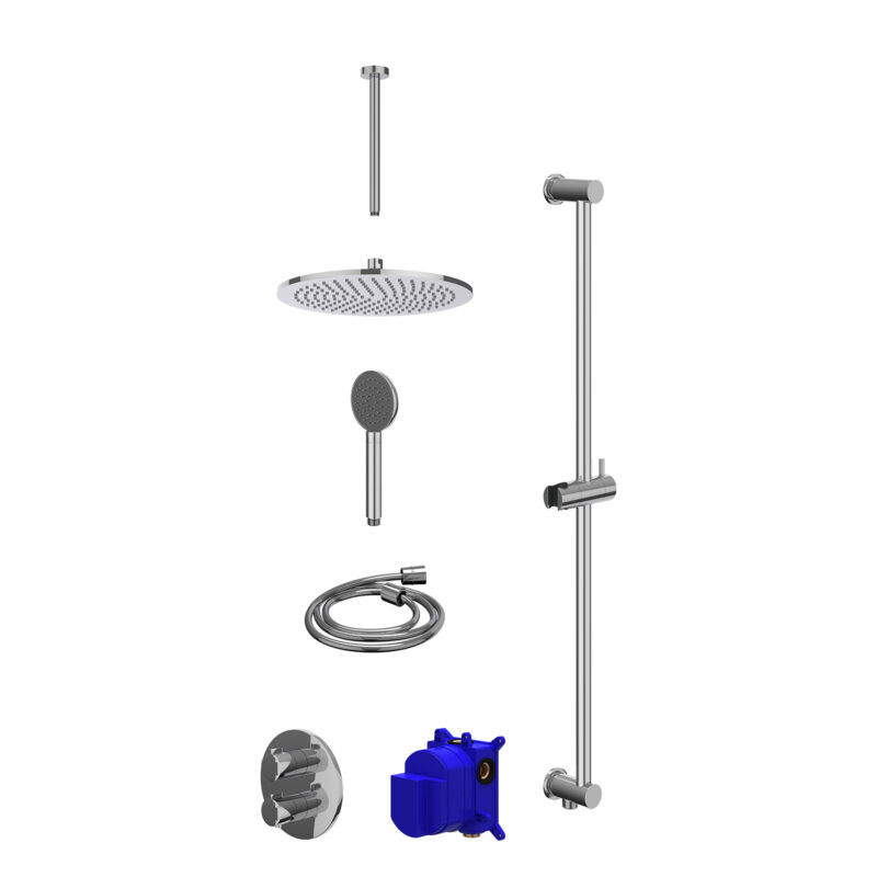 Regendoucheset inbouwthermostaatkraan met 2-weg stop-omstel, plafondbuis 30cm, R30cmME, glijstang met uitlaat, doucheslang 150cm en satin spray handdouche