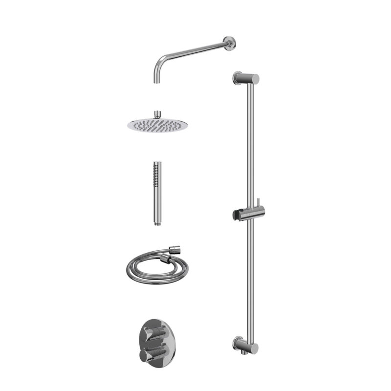 Excl. inbouwbox regendoucheset inbouwthermostaatkraan met 2-weg stop-omstel, wandarm, R20cmSL, glijstang met uitlaat, doucheslang 150cm en staafmodel