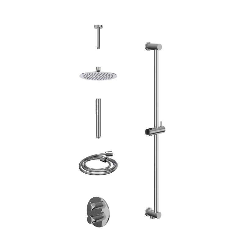 Excl. inbouwbox regendoucheset inbouwthermostaatkraan met 2-weg stop-omstel, plafondbuis 15cm, R20cmSL, glijstang met uitlaat, doucheslang 150cm en staafmodel
