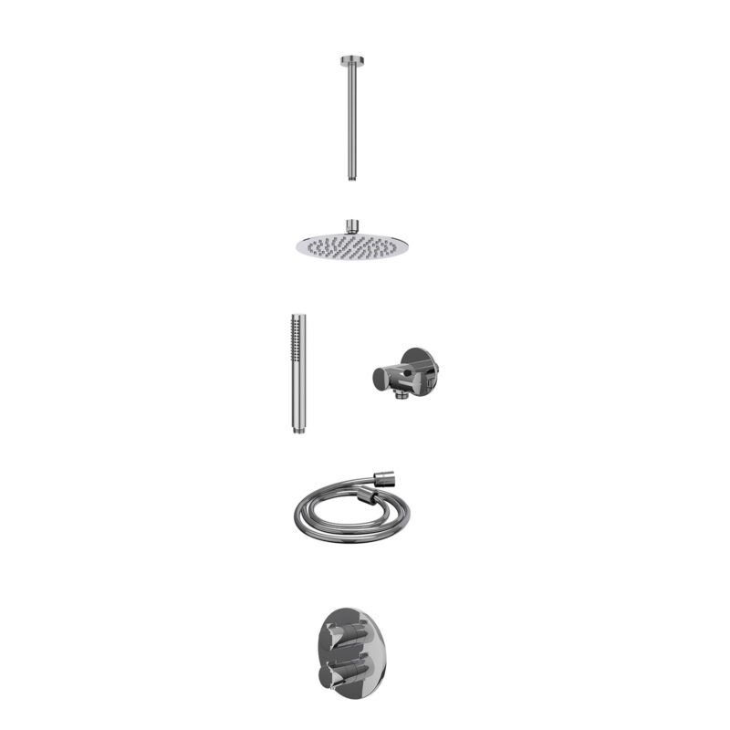 Excl. inbouwbox regendoucheset inbouwthermostaatkraan met 2-weg stop-omstel, plafondbuis 30cm, R20cmSL, verstelbare steun met geïnt. uitlaat, doucheslang 150cm en staafmodel