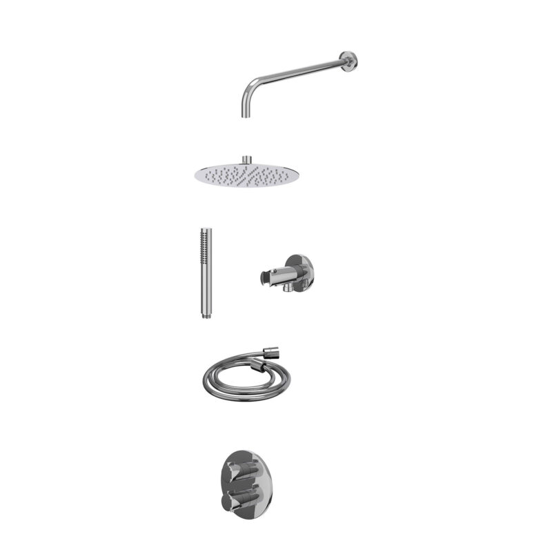 Excl. inbouwbox regendoucheset inbouwthermostaatkraan met 2-weg stop-omstel, wandarm, R25cmSL, houder met uitlaat, doucheslang 150cm en staafmodel