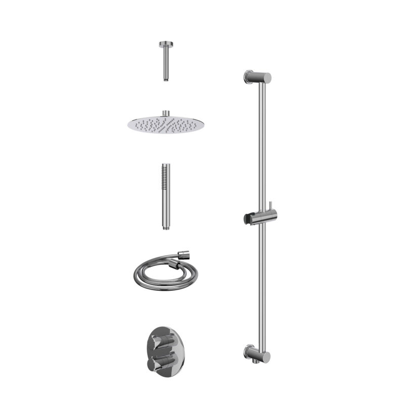 Excl. inbouwbox regendoucheset inbouwthermostaatkraan met 2-weg stop-omstel, plafondbuis 15cm, R25cmSL, glijstang met uitlaat, doucheslang 150cm en staafmodel