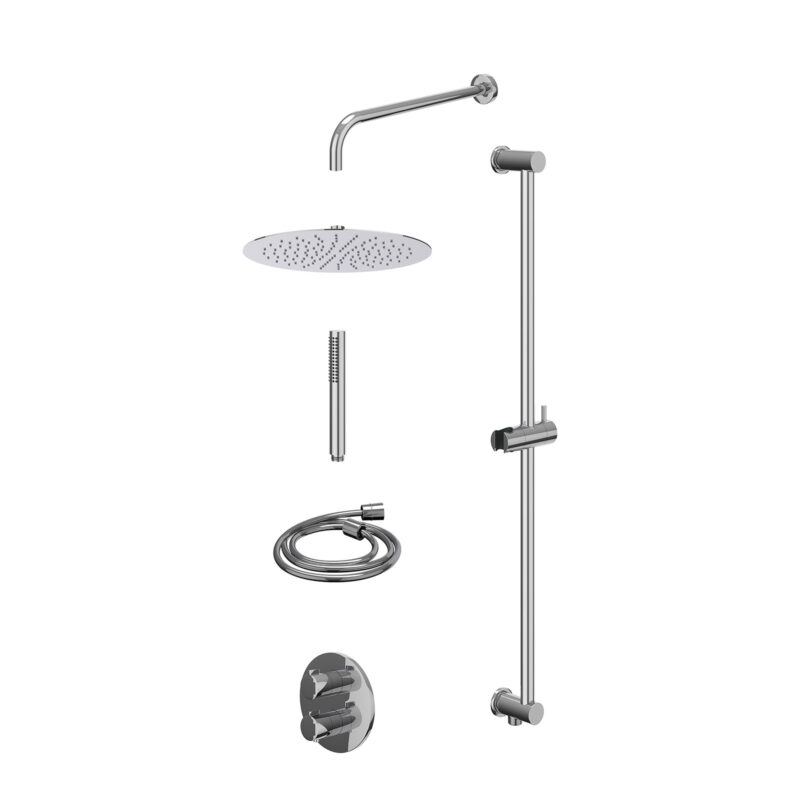 Excl. inbouwbox regendoucheset inbouwthermostaatkraan met 2-weg stop-omstel, wandarm, R30cmSL, glijstang met uitlaat, doucheslang 150cm en staafmodel