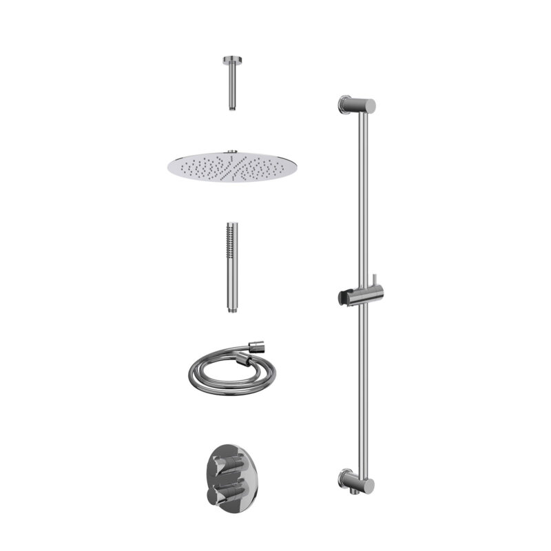 Excl. inbouwbox regendoucheset inbouwthermostaatkraan met 2-weg stop-omstel, plafondbuis 15cm, R30cmSL, glijstang met uitlaat