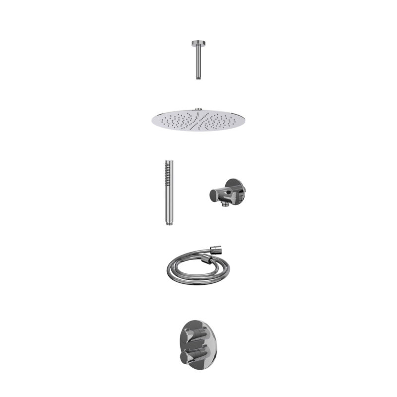 Excl. inbouwbox regendoucheset inbouwthermostaatkraan met 2-weg stop-omstel, plafondbuis 15cm, R30cmSL, verstelbare steun met geïnt. uitlaat, doucheslang 150cm en staafmodel