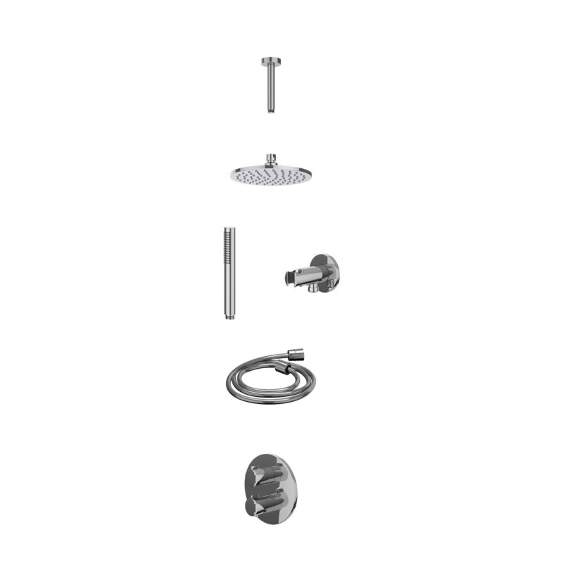 Excl. inbouwbox regendoucheset inbouwthermostaatkraan met 2-weg stop-omstel, plafondbuis 15cm, R20cmME, houder met uitlaat, doucheslang 150cm en staafmodel