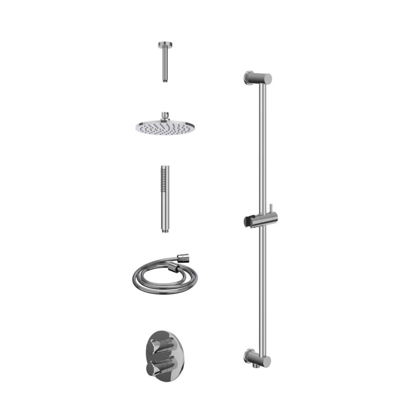 Excl. inbouwbox regendoucheset inbouwthermostaatkraan met 2-weg stop-omstel, plafondbuis 15cm, R20cmME, glijstang met uitlaat, doucheslang 150cm en staafmodel