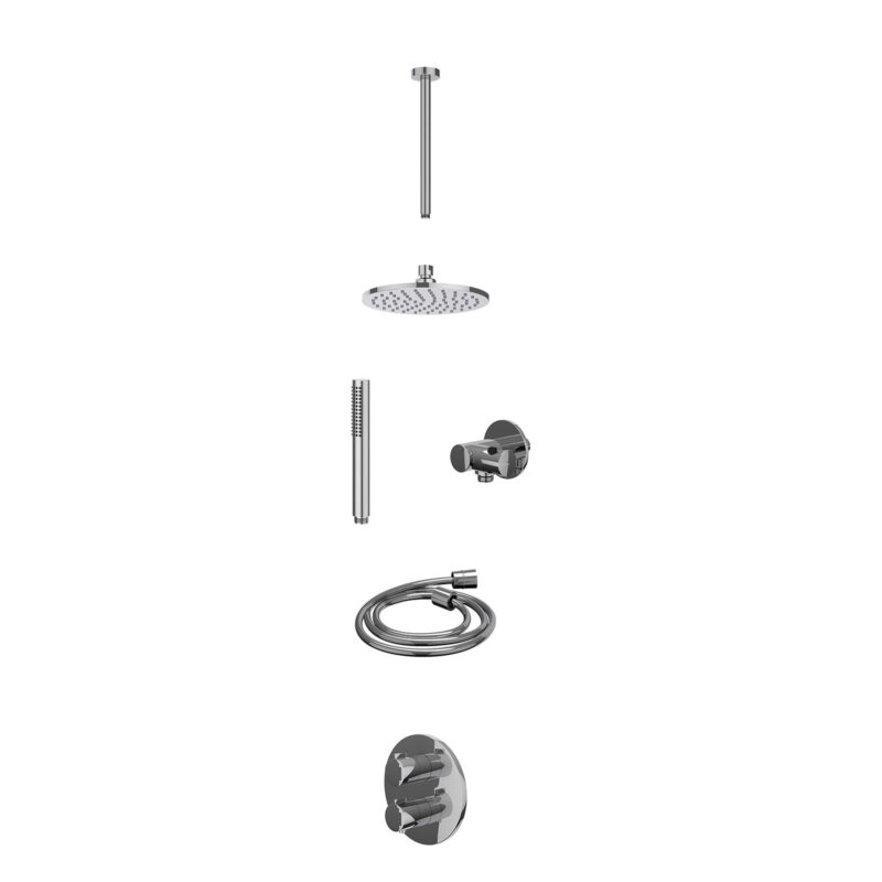 Excl. inbouwbox regendoucheset inbouwthermostaatkraan met 2-weg stop-omstel, plafondbuis 30cm, R20cmME, verstelbare steun met geïnt. uitlaat, doucheslang 150cm en staafmodel