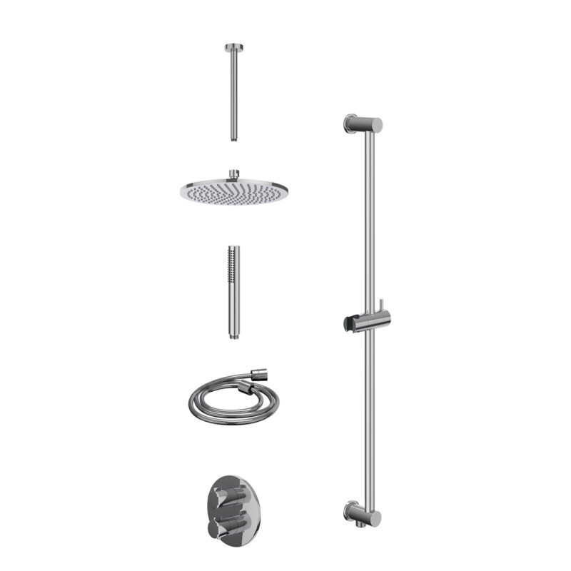 Excl. inbouwbox regendoucheset inbouwthermostaatkraan met 2-weg stop-omstel, plafondbuis 30cm, R25cmME, glijstang met uitlaat, doucheslang 150cm en staafmodel