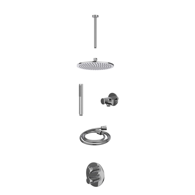 Excl. inbouwbox regendoucheset inbouwthermostaatkraan met 2-weg stop-omstel, plafondbuis 30cm, R25cmME, verstelbare steun met geïnt. uitlaat, doucheslang 150cm en staafmodel
