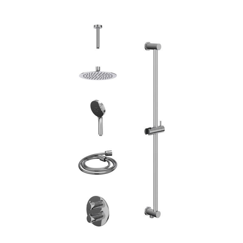 Excl. inbouwbox regendoucheset inbouwthermostaatkraan met 2-weg stop-omstel, plafondbuis 15cm, R20cmSL, glijstang met uitlaat, doucheslang 150cm en 3-standen handdouche