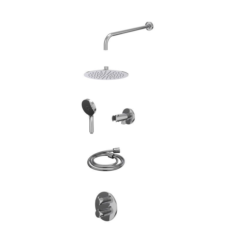Excl. inbouwbox regendoucheset inbouwthermostaatkraan met 2-weg stop-omstel, wandarm, R25cmSL, houder met uitlaat, doucheslang 150cm en 3-standen handdouche