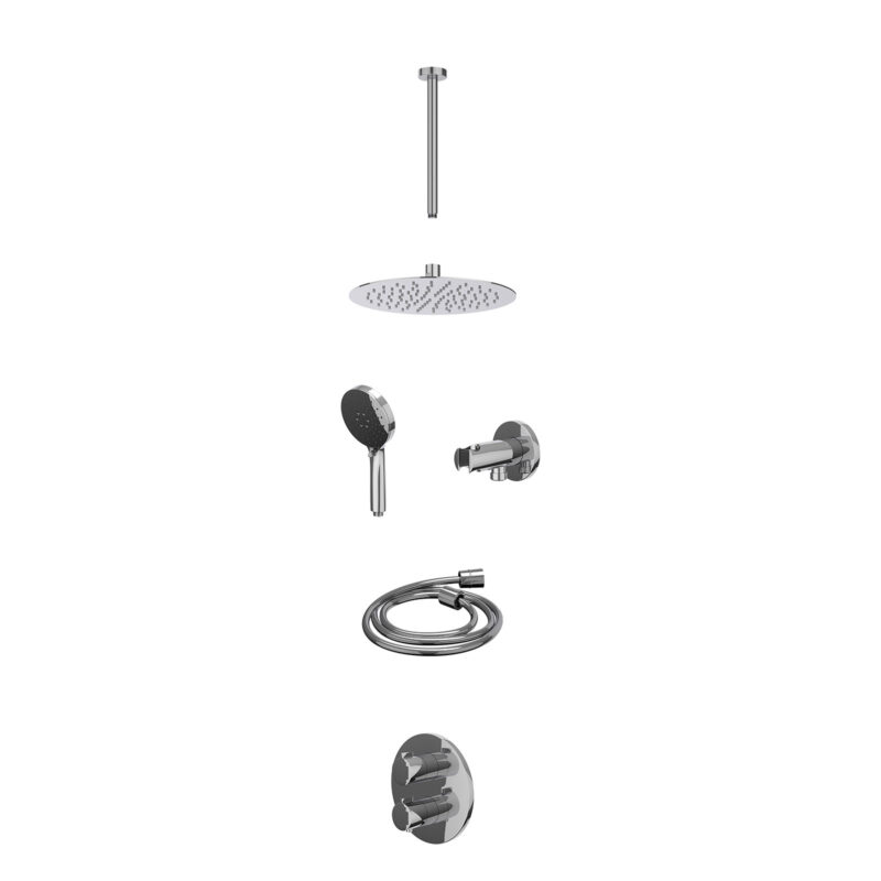 Winkelwagen 49 Excl. inbouwbox regendoucheset inbouwthermostaatkraan met 2-weg stop-omstel, plafondbuis 30cm, R25cmSL, houder met uitlaat, doucheslang 150cm en 3-standen handdouche