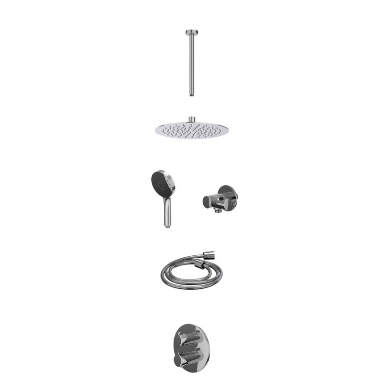 Winkelwagen 36 Excl. inbouwbox regendoucheset inbouwthermostaatkraan met 2-weg stop-omstel, plafondbuis 30cm, R25cmSL, verstelbare steun met geïnt. uitlaat, doucheslang 150cm en 3-standen handdouche