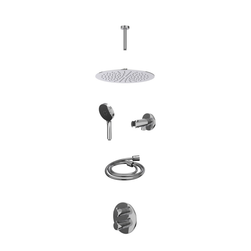 Excl. inbouwbox regendoucheset inbouwthermostaatkraan met 2-weg stop-omstel, plafondbuis 15cm, R30cmSL, houder met uitlaat, doucheslang 150cm en 3-standen handdouche