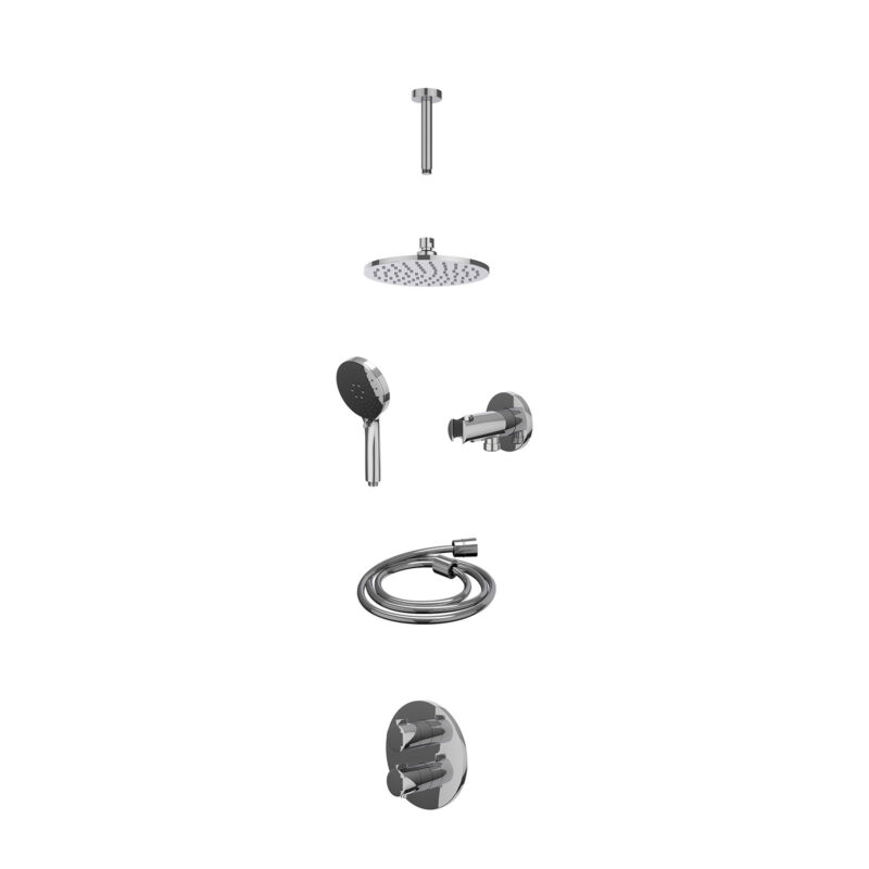 Excl. inbouwbox regendoucheset inbouwthermostaatkraan met 2-weg stop-omstel, plafondbuis 15cm, R20cmME, houder met uitlaat, doucheslang 150cm en 3-standen handdouche