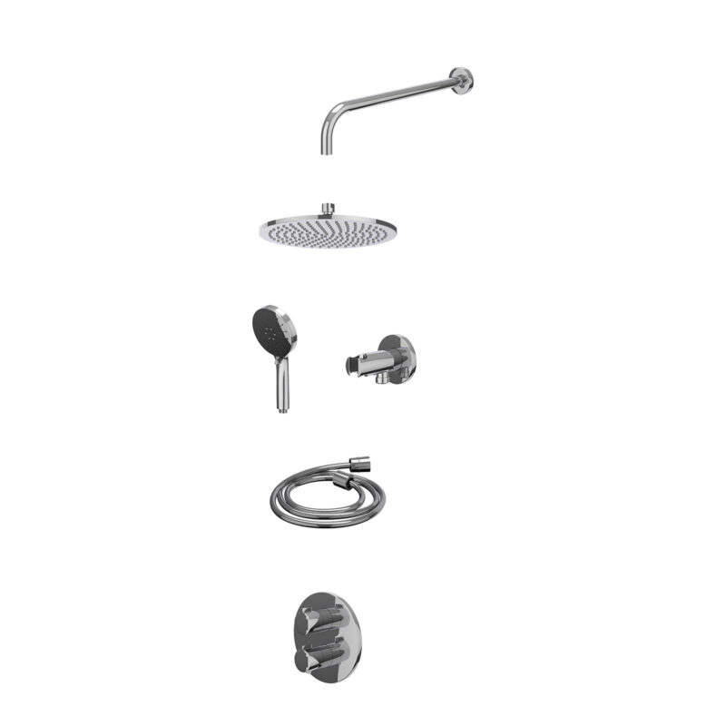 Excl. inbouwbox regendoucheset inbouwthermostaatkraan met 2-weg stop-omstel, wandarm, R25cmME, houder met uitlaat, doucheslang 150cm en 3-standen handdouche