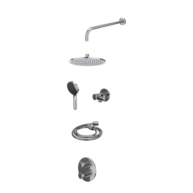 Excl. inbouwbox regendoucheset inbouwthermostaatkraan met 2-weg stop-omstel, wandarm, R25cmME, verstelbare steun met geïnt. uitlaat, doucheslang 150cm en 3-standen handdouche