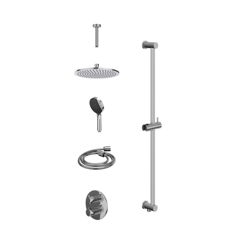 Excl. inbouwbox regendoucheset inbouwthermostaatkraan met 2-weg stop-omstel, plafondbuis 15cm, R25cmME, glijstang met uitlaat, doucheslang 150cm en 3-standen handdouche