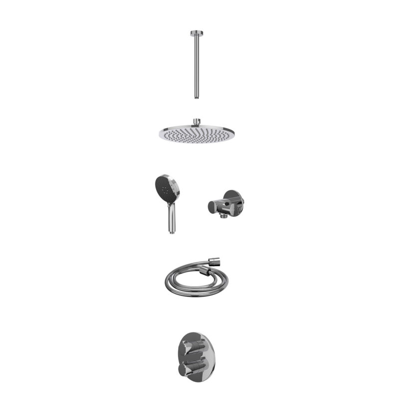 Excl. inbouwbox regendoucheset inbouwthermostaatkraan met 2-weg stop-omstel, plafondbuis 30cm, R25cmME, verstelbare steun met geïnt. uitlaat, doucheslang 150cm en 3-standen handdouche