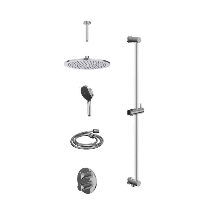 Excl. inbouwbox regendoucheset inbouwthermostaatkraan met 2-weg stop-omstel, plafondbuis 15cm, R30cmME, glijstang met uitlaat, doucheslang 150cm en 3-standen handdouche