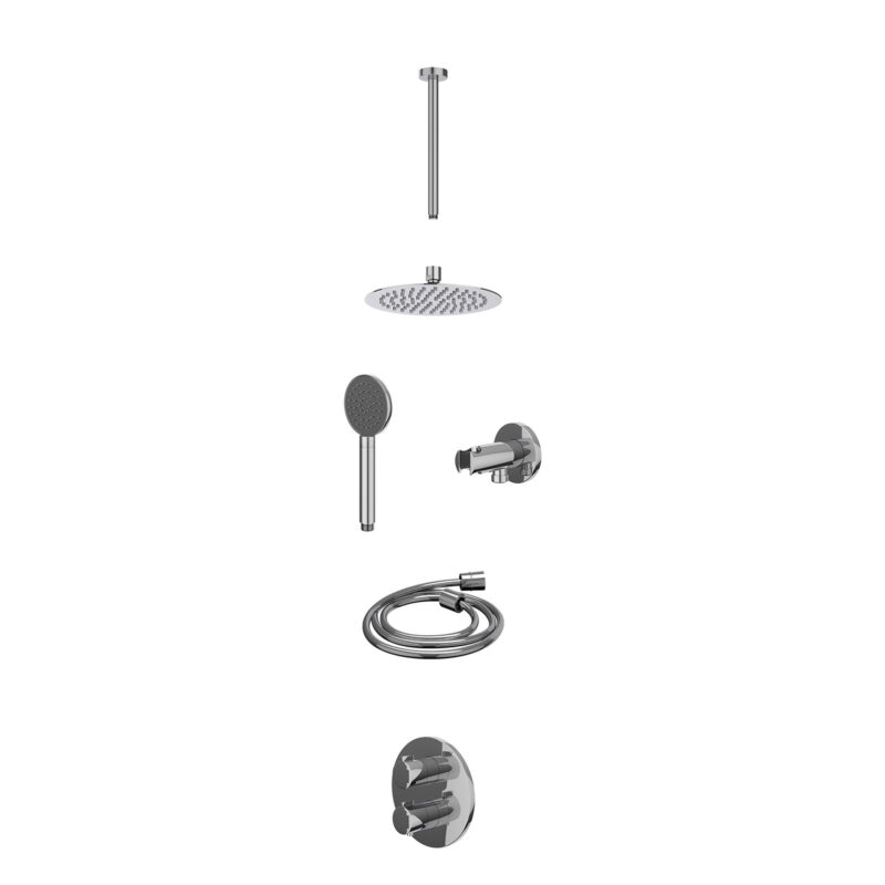 Excl. inbouwbox regendoucheset inbouwthermostaatkraan met 2-weg stop-omstel, plafondbuis 30cm, R20cmSL, houder met uitlaat, doucheslang 150cm en satin spray handdouche