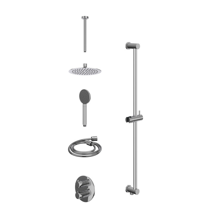 Excl. inbouwbox regendoucheset inbouwthermostaatkraan met 2-weg stop-omstel, plafondbuis 30cm, R20cmSL, glijstang met uitlaat, doucheslang 150cm en satin spray handdouche