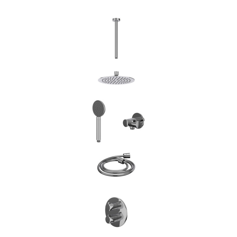 Excl. inbouwbox regendoucheset inbouwthermostaatkraan met 2-weg stop-omstel, plafondbuis 30cm, R20cmSL, verstelbare steun met geïnt. uitlaat, doucheslang 150cm en satin spray handdouche