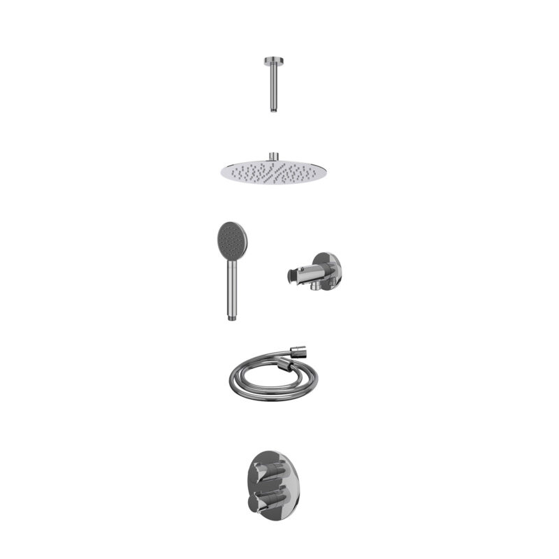 Excl. inbouwbox regendoucheset inbouwthermostaatkraan met 2-weg stop-omstel, plafondbuis 15cm, R25cmSL, houder met uitlaat, doucheslang 150cm en satin spray handdouche