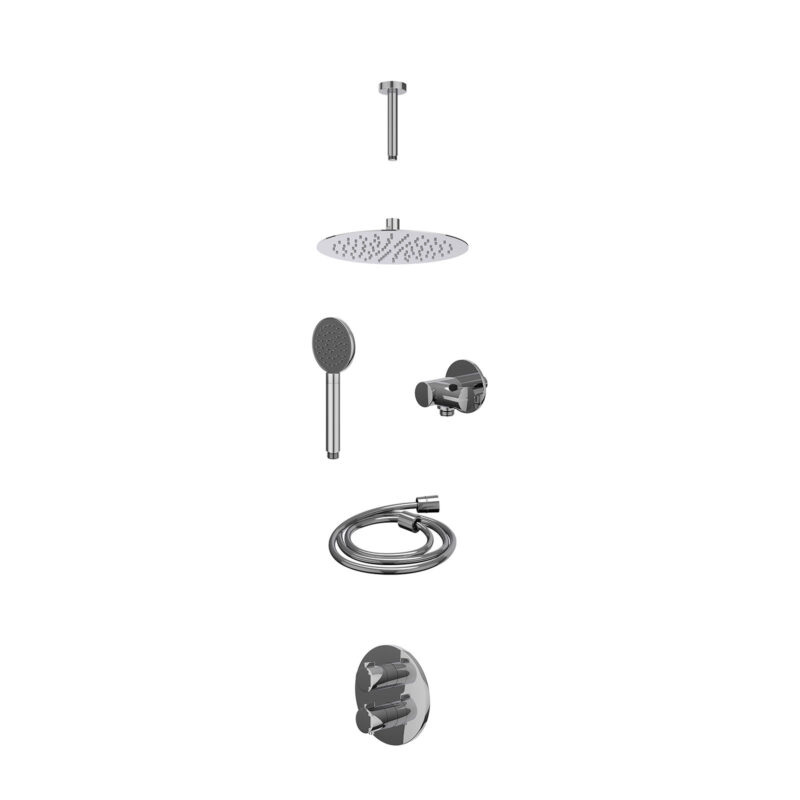 Excl. inbouwbox regendoucheset inbouwthermostaatkraan met 2-weg stop-omstel, plafondbuis 15cm, R25cmSL, verstelbare steun met geïnt. uitlaat, doucheslang 150cm en satin spray handdouche