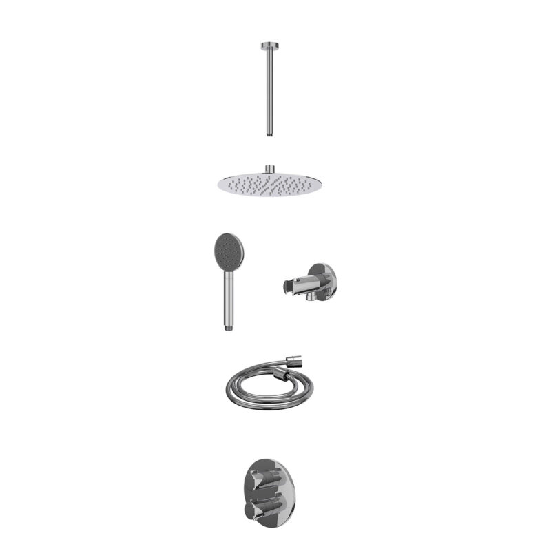 Excl. inbouwbox regendoucheset inbouwthermostaatkraan met 2-weg stop-omstel, plafondbuis 30cm, R25cmSL, houder met uitlaat, doucheslang 150cm en satin spray handdouche