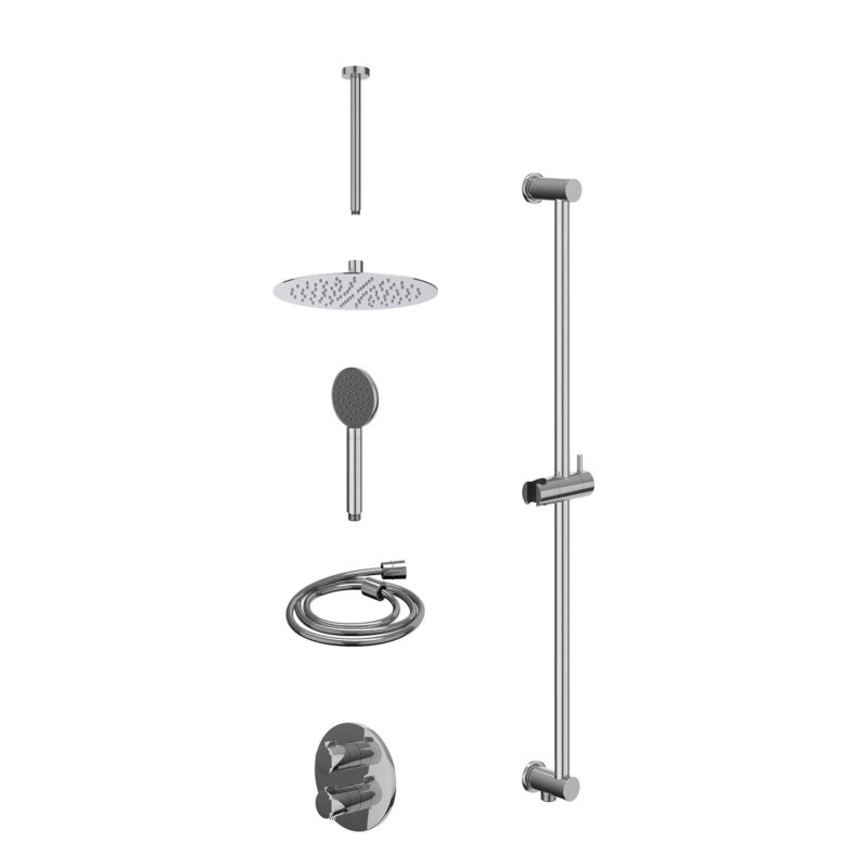 Excl. inbouwbox regendoucheset inbouwthermostaatkraan met 2-weg stop-omstel, plafondbuis 30cm, R25cmSL, glijstang met uitlaat, doucheslang 150cm en satin spray handdouche