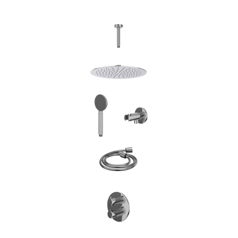 Excl. inbouwbox regendoucheset inbouwthermostaatkraan met 2-weg stop-omstel, plafondbuis 15cm, R30cmSL, houder met uitlaat, doucheslang 150cm en satin spray handdouche