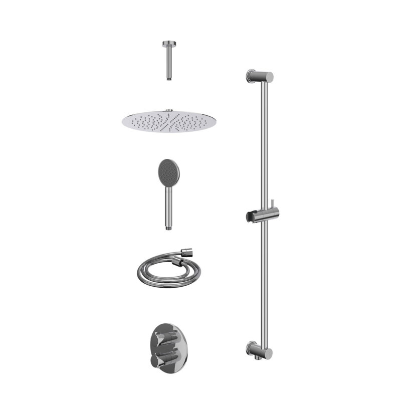 Excl. inbouwbox regendoucheset inbouwthermostaatkraan met 2-weg stop-omstel, plafondbuis 15cm, R30cmSL, glijstang met uitlaat, doucheslang 150cm en satin spray handdouche