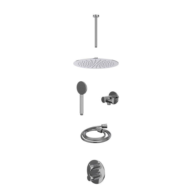 Excl. inbouwbox regendoucheset inbouwthermostaatkraan met 2-weg stop-omstel, plafondbuis 30cm, R30cmSL, verstelbare steun met geïnt. uitlaat, doucheslang 150cm en satin spray handdouche