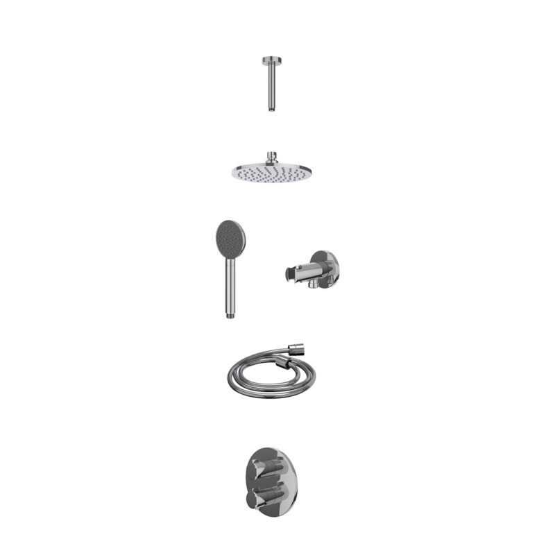 Excl. inbouwbox regendoucheset inbouwthermostaatkraan met 2-weg stop-omstel, plafondbuis 15cm, R20cmME, houder met uitlaat, doucheslang 150cm en satin spray handdouche