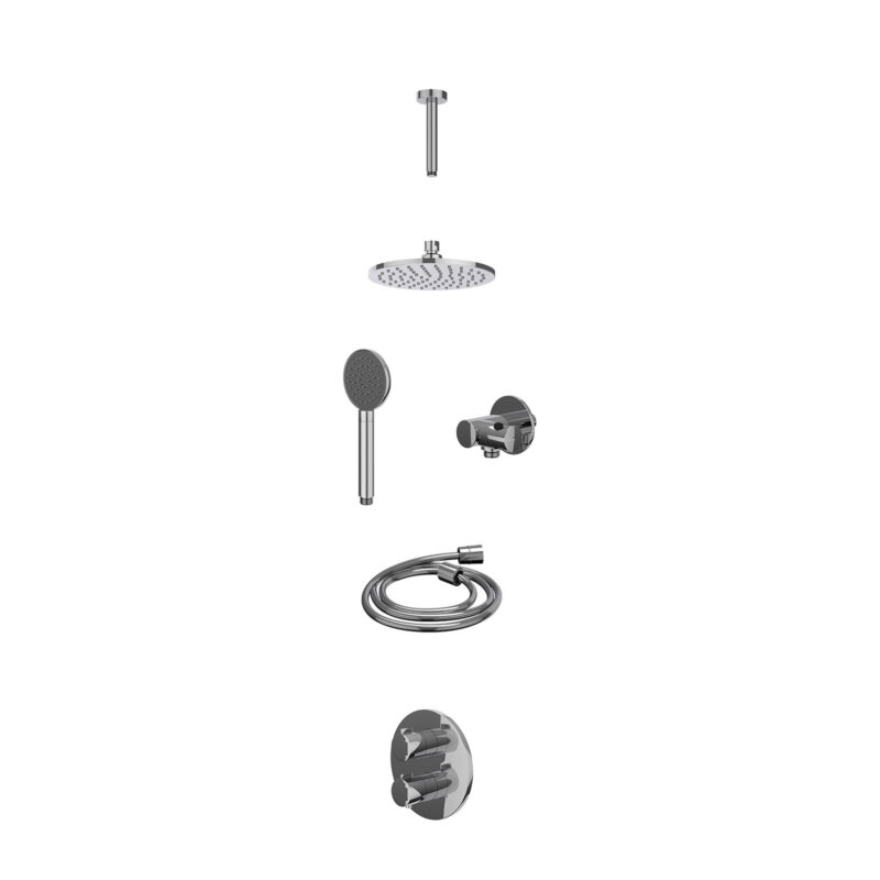Excl. inbouwbox regendoucheset inbouwthermostaatkraan met 2-weg stop-omstel, plafondbuis 15cm, R20cmME, verstelbare steun met geïnt. uitlaat, doucheslang 150cm en satin spray handdouche