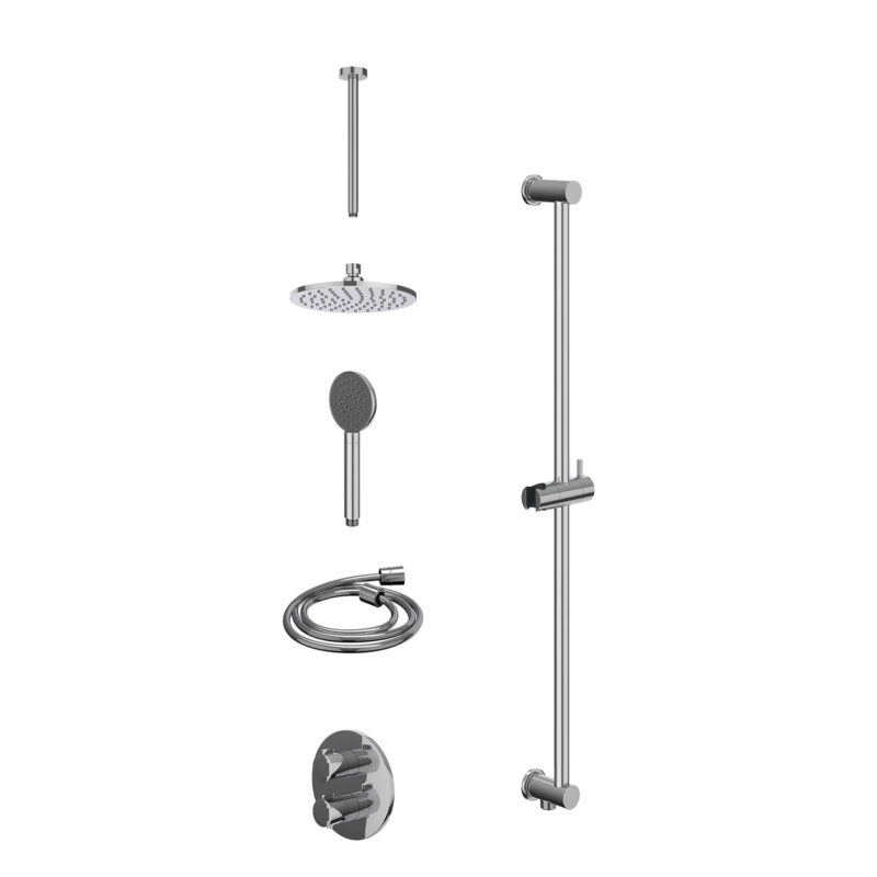 Excl. inbouwbox regendoucheset inbouwthermostaatkraan met 2-weg stop-omstel, plafondbuis 30cm, R20cmME, glijstang met uitlaat, doucheslang 150cm en satin spray handdouche