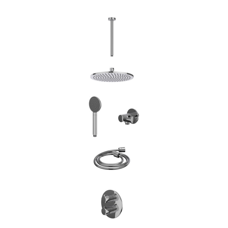 Winkelwagen 31 Excl. inbouwbox regendoucheset inbouwthermostaatkraan met 2-weg stop-omstel, plafondbuis 30cm, R25cmME, verstelbare steun met geïnt. uitlaat, doucheslang 150cm en satin spray handdouche