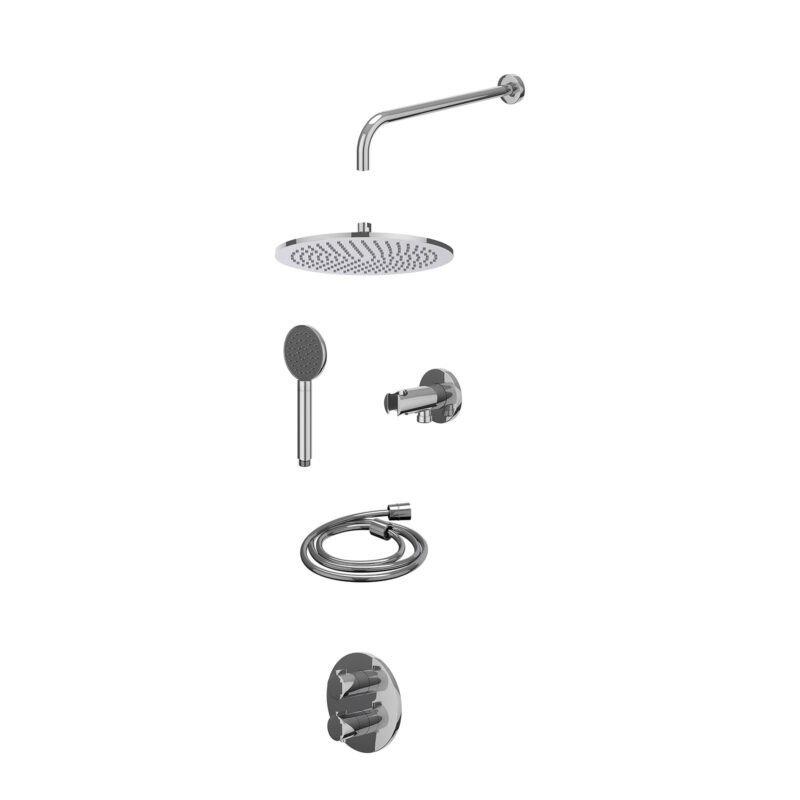 Excl. inbouwbox regendoucheset inbouwthermostaatkraan met 2-weg stop-omstel, wandarm, R30cmME, houder met uitlaat, doucheslang 150cm en satin spray handdouche