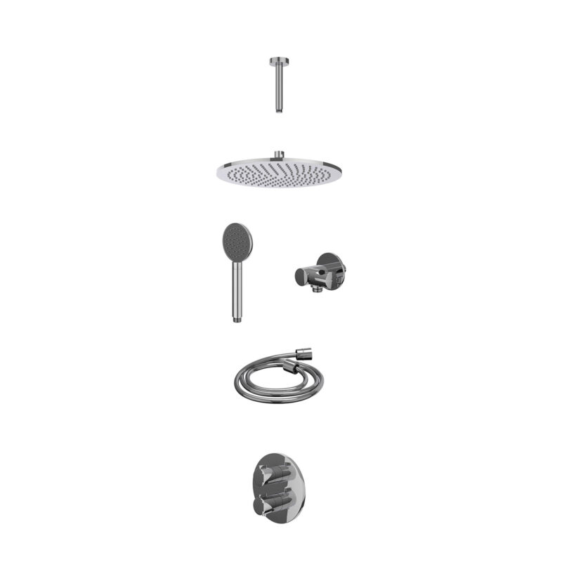 Excl. inbouwbox regendoucheset inbouwthermostaatkraan met 2-weg stop-omstel, plafondbuis 15cm, R30cmME, verstelbare steun met geïnt. uitlaat, doucheslang 150cm en satin spray handdouche
