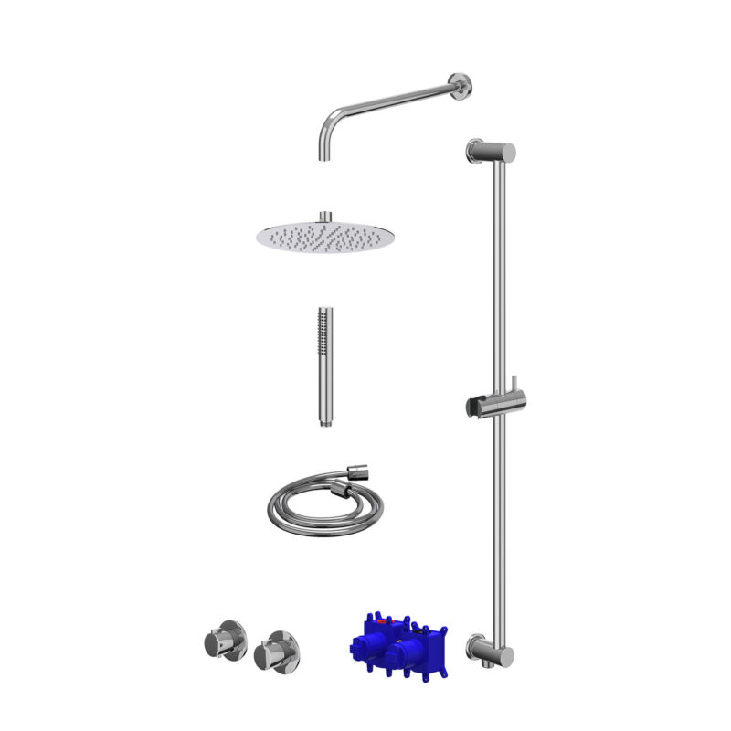 Regendoucheset inbouwthermostaatkraan met 2-weg stop-omstel symmetry, 40cm wandarm, R25cmSL, glijstang met uitlaat, doucheslang 150cm en staafmodel