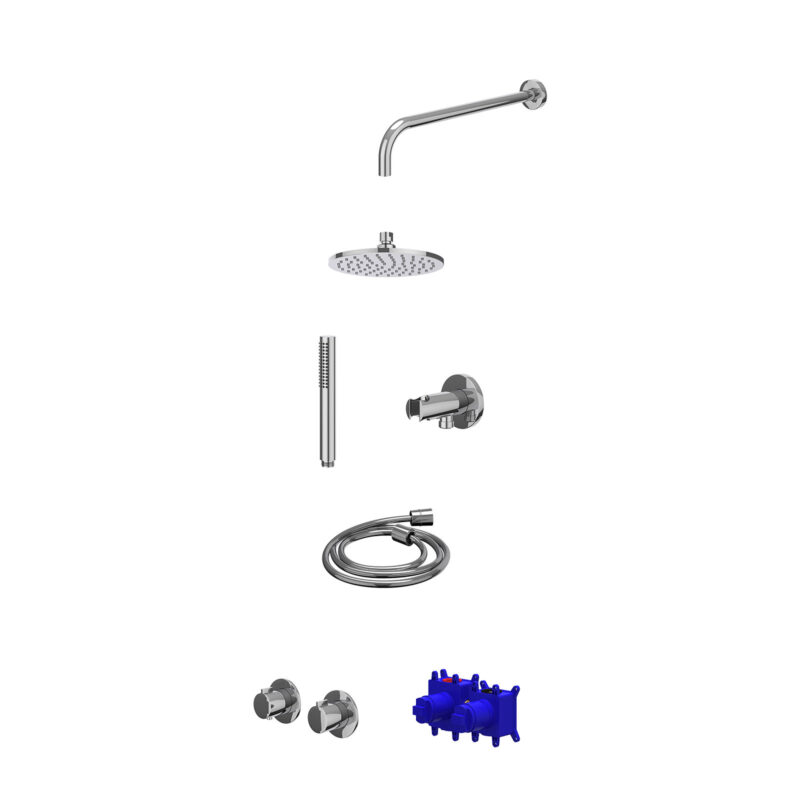Winkelwagen 29 Regendoucheset inbouwthermostaatkraan met 2-weg stop-omstel symmetry, 40cm wandarm, R20cmME, houder met uitlaat, doucheslang 150cm en staafmodel