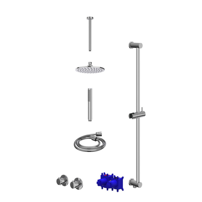Regendoucheset inbouwthermostaatkraan met 2-weg stop-omstel symmetry, 30cm plafondbuis, R20cmME, glijstang met uitlaat, doucheslang 150cm en staafmodel