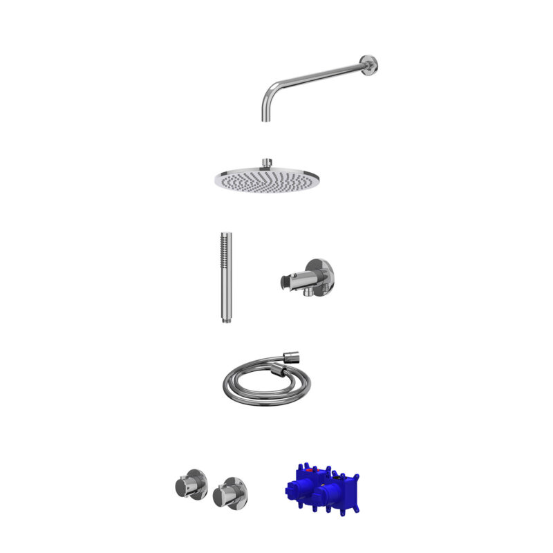 Winkelwagen 22 Regendoucheset inbouwthermostaatkraan met 2-weg stop-omstel symmetry, 40cm wandarm, R25cmME, houder met uitlaat, doucheslang 150cm en staafmodel
