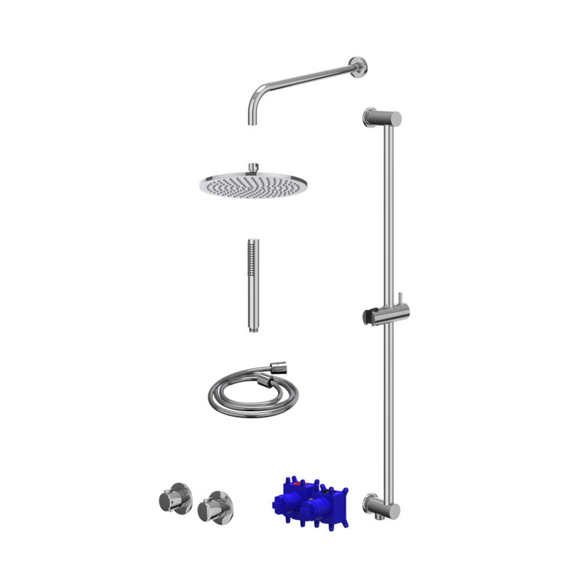 Regendoucheset inbouwthermostaatkraan met 2-weg stop-omstel symmetry, 40cm wandarm, R25cmME, glijstang met uitlaat, doucheslang 150cm en staafmodel