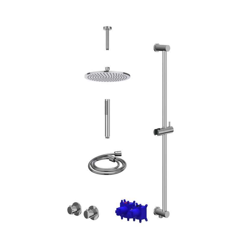 Regendoucheset inbouwthermostaatkraan met 2-weg stop-omstel symmetry, 15cm plafondbuis, R25cmME, glijstang met uitlaat, doucheslang 150cm en staafmodel