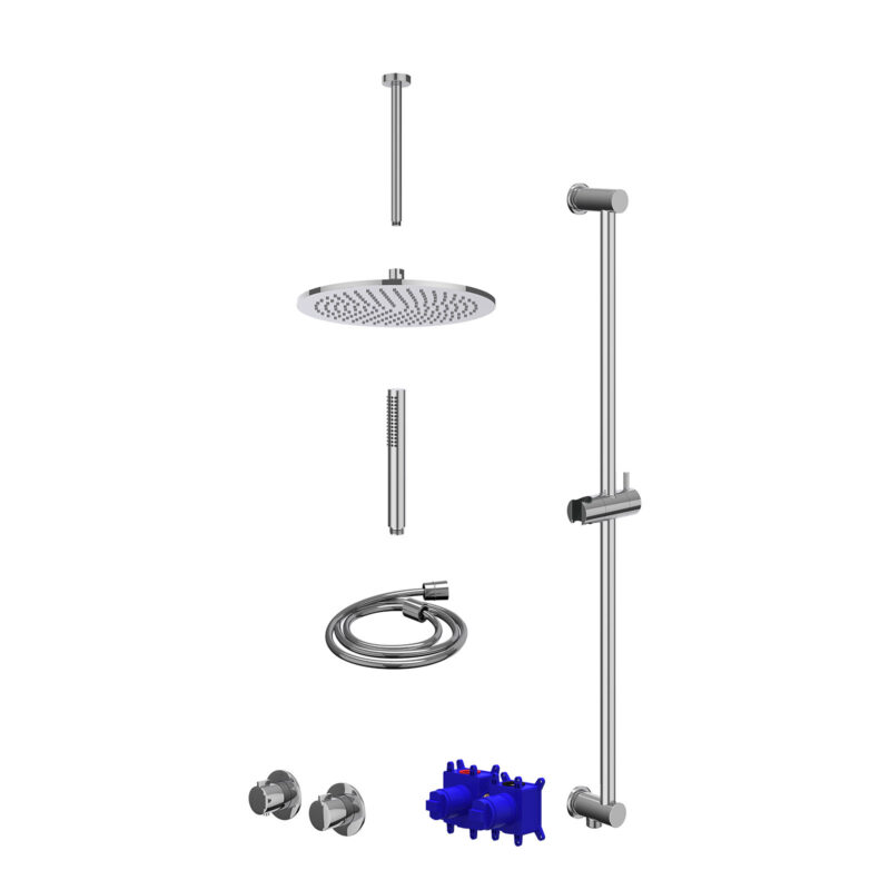Regendoucheset inbouwthermostaatkraan met 2-weg stop-omstel symmetry, 30cm plafondbuis, R30cmME, glijstang met uitlaat, doucheslang 150cm en staafmodel