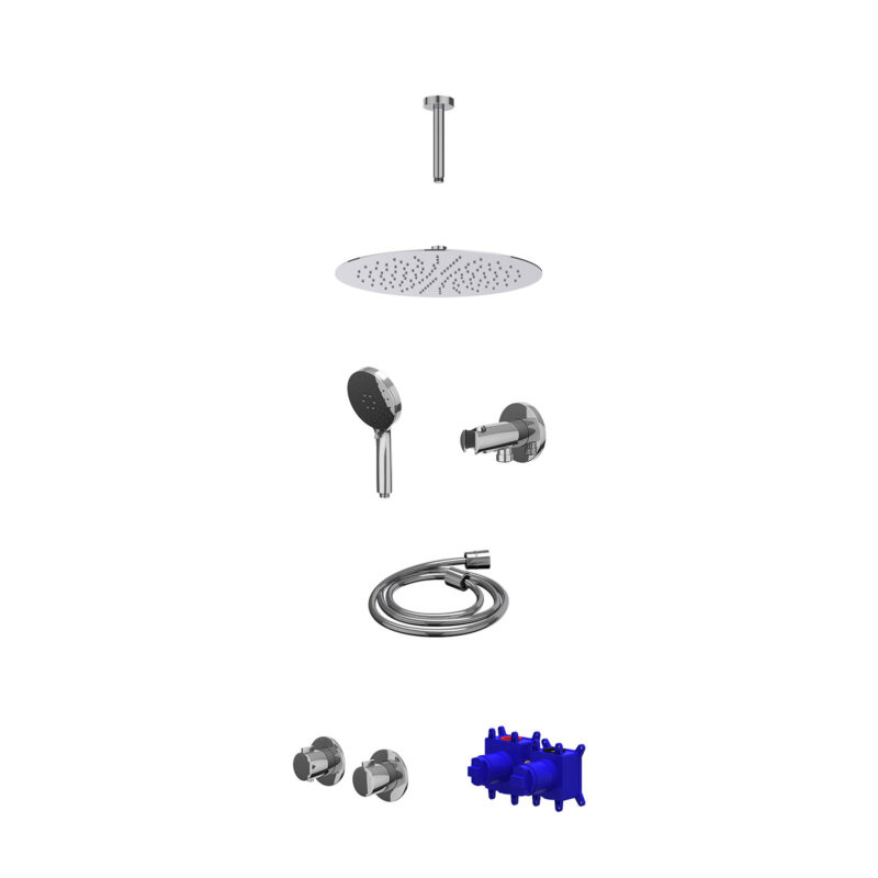 Regendoucheset inbouwthermostaatkraan met 2-weg stop-omstel symmetry, 15cm plafondbuis, R30cmSL, houder met uitlaat, doucheslang 150cm en 3-standen handdouche