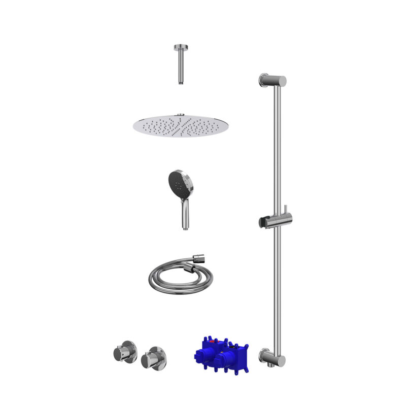 Regendoucheset inbouwthermostaatkraan met 2-weg stop-omstel symmetry, 15cm plafondbuis, R30cmSL, glijstang met uitlaat, douch